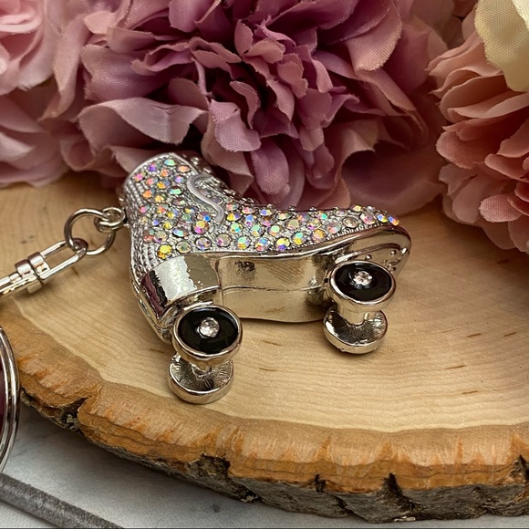Silver Iridescent Crystal Roller Skate Keychain Charm - Picture 13 of 15
